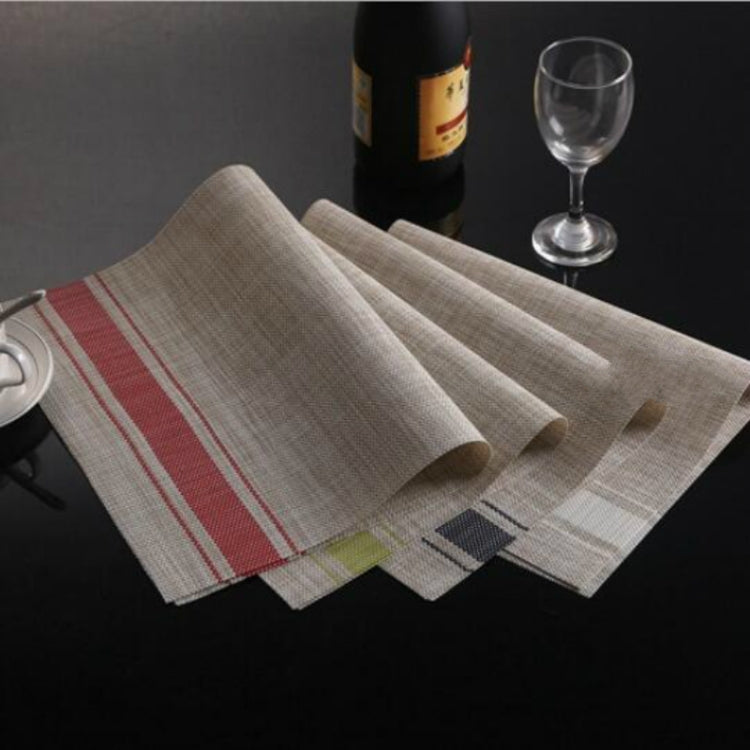 Set of two braided PVC table mats in gray with red and navy stripe accents