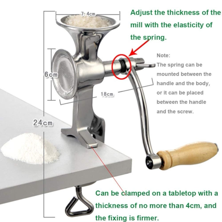 Stainless steel manual grinder showing adjustable thickness and mounting clamp