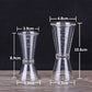 Large double-headed measuring cup size diagram, clear plastic with labeled dimensions
