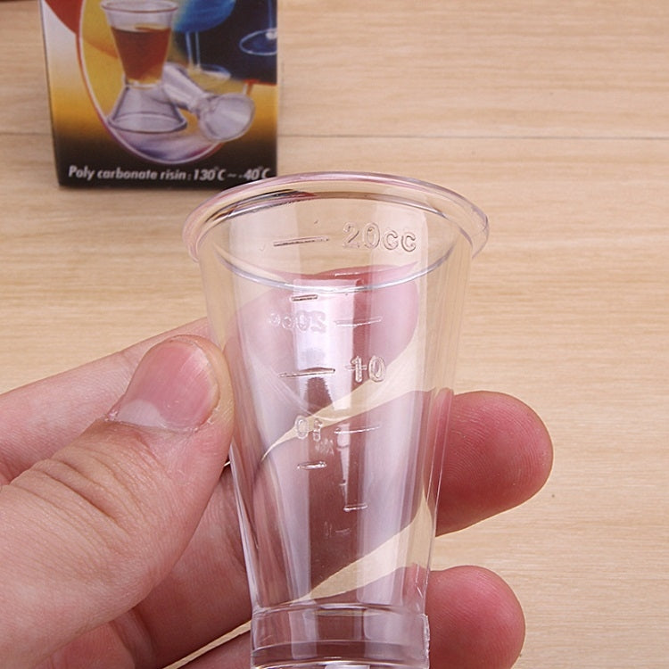 Hand holding large clear graduated measuring cup with embossed 200cc marking