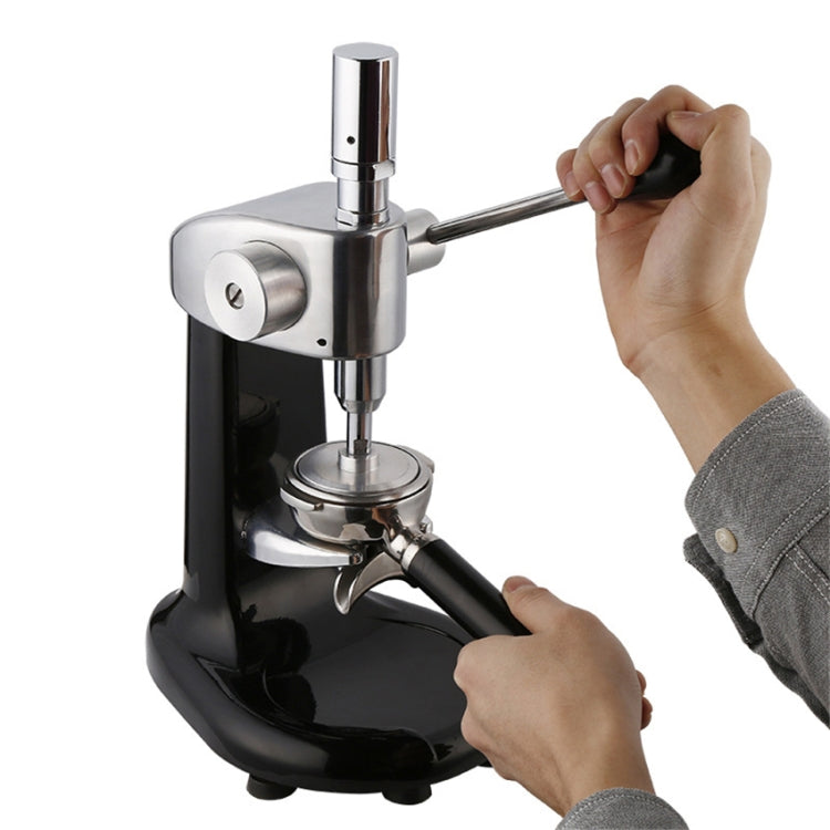 Black coffee tamper press machine with stainless steel lever and portafilter support