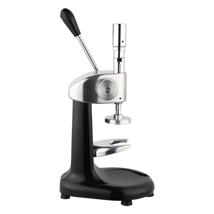 Compact coffee tamper press with stainless head, tall lever, and black base