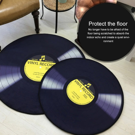 Set of round vinyl record-style floor mats in dark navy with yellow record labels