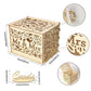 Wooden wedding card box with heart cutouts, “Mr & Mrs” front, open top detail