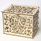 Wooden wedding card box with heart lace cutouts and “Mr & Mrs” front