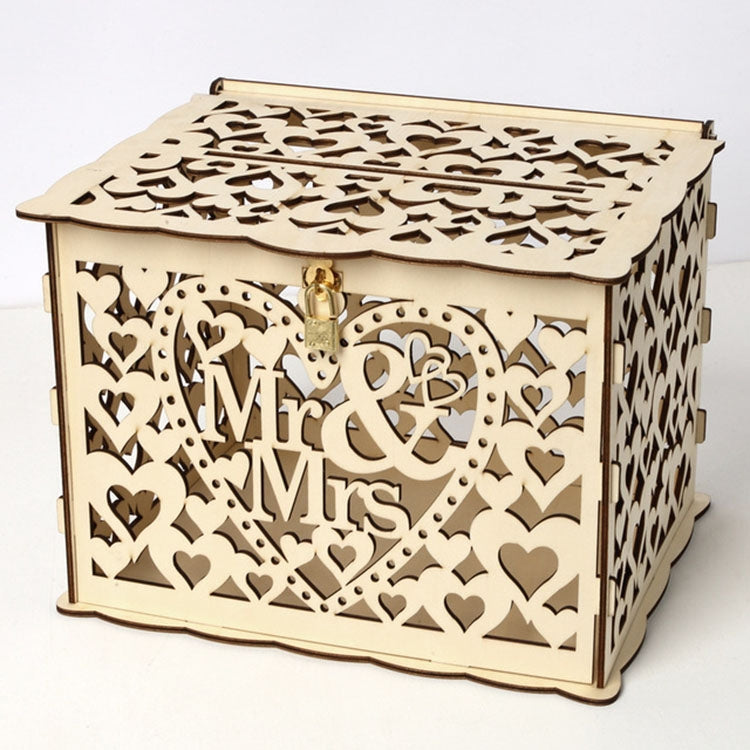Wooden wedding card box with heart lace cutouts and “Mr & Mrs” front