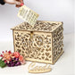 Wooden wedding card box with heart cutouts and “Mr & Mrs” front, cards dropping in