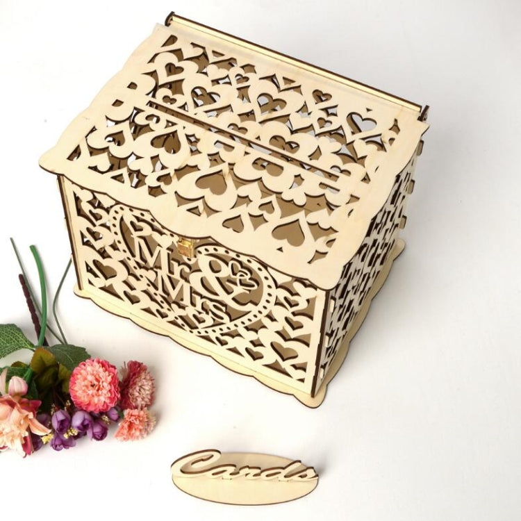 Wooden wedding card box with heart cutouts and top lid, “Mr & Mrs” front