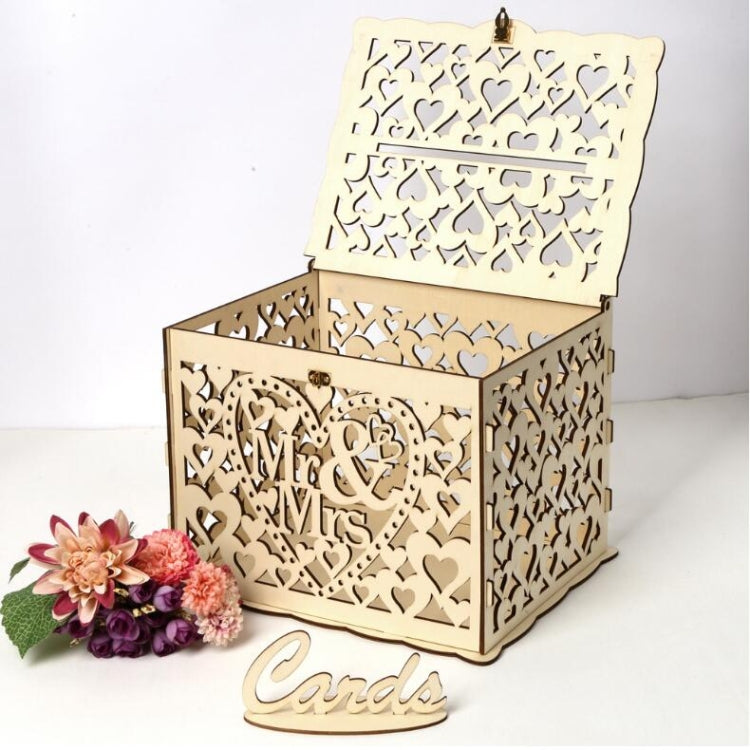 Wooden wedding card box with heart cutouts and “Cards” label in cursive base