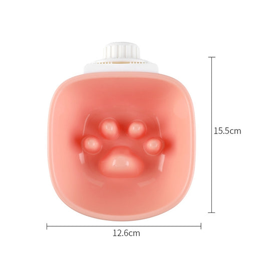 Pink anti-choke hanging pet bowl with paw-shaped raised feeder bumps, includes clip