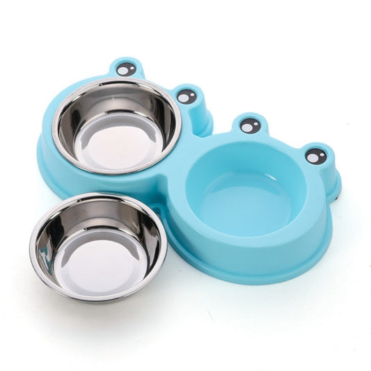 Blue frog-shaped double stainless steel pet bowls with one bowl pair and two metal inserts