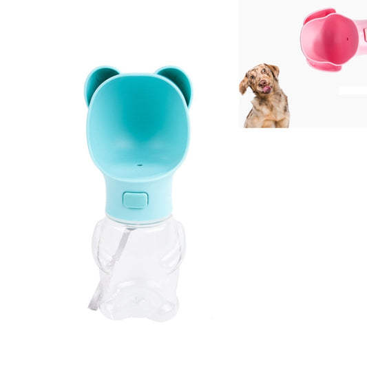 Blue portable pet water dispenser for small dogs and bears with flip drinking cup.