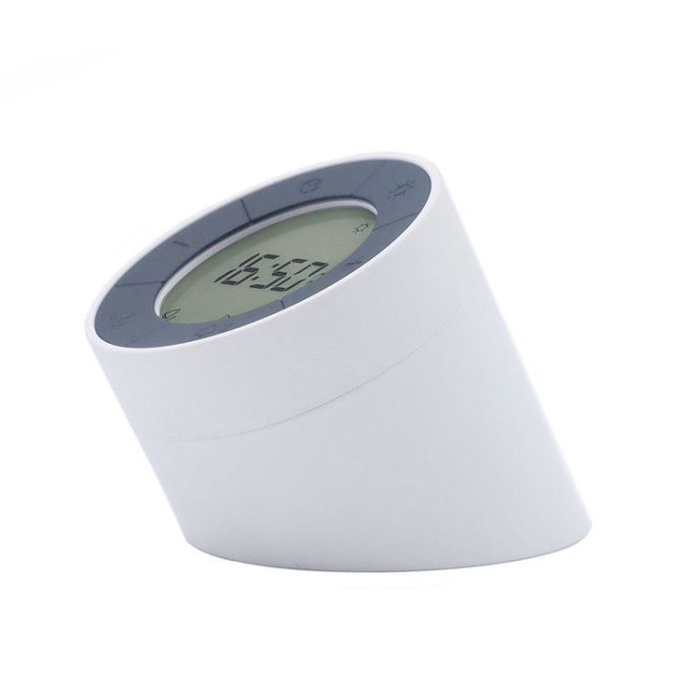 White alarm clock night light with round LCD time display and control buttons.