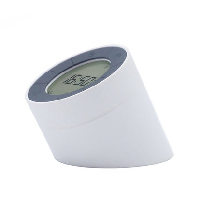 White alarm clock night light with round LCD time display and control buttons.
