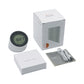 White alarm clock night light, remote package set, power cable, and instruction booklet.