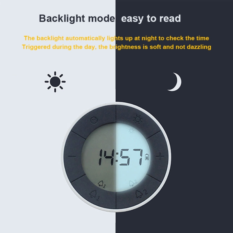 Close-up of gray alarm clock night light LCD showing time with surrounding control icons.