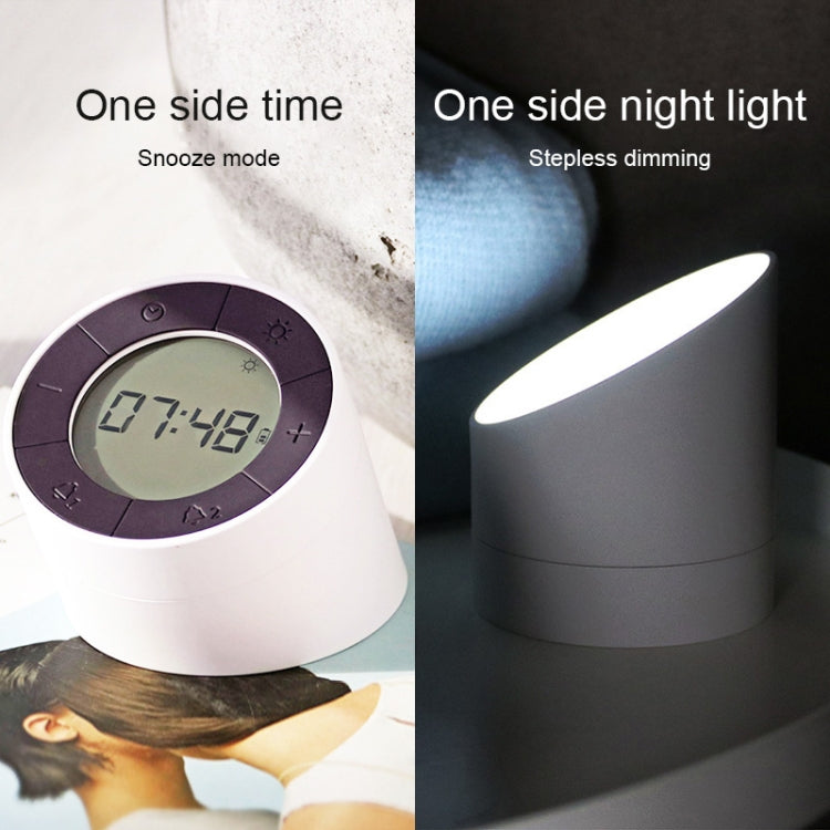 Alarm clock night light shown in white and dark colors with glowing display.
