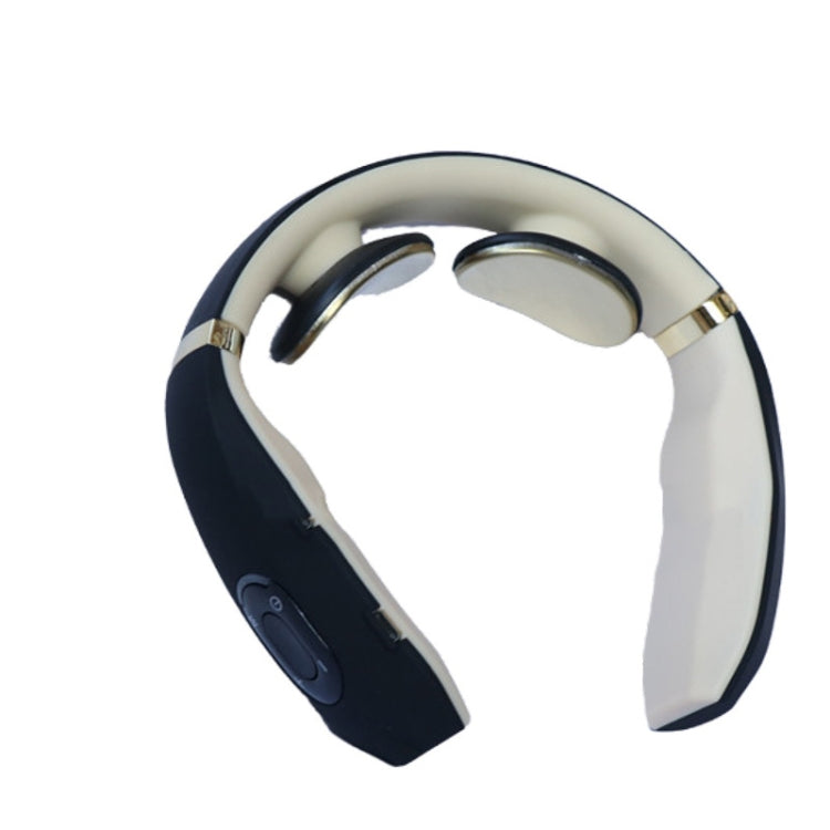 White and dark neck massager collar with curved padded supports and silver accents.