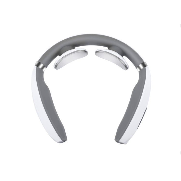 Gray and white neck massager collar with curved pads and silver side connectors.
