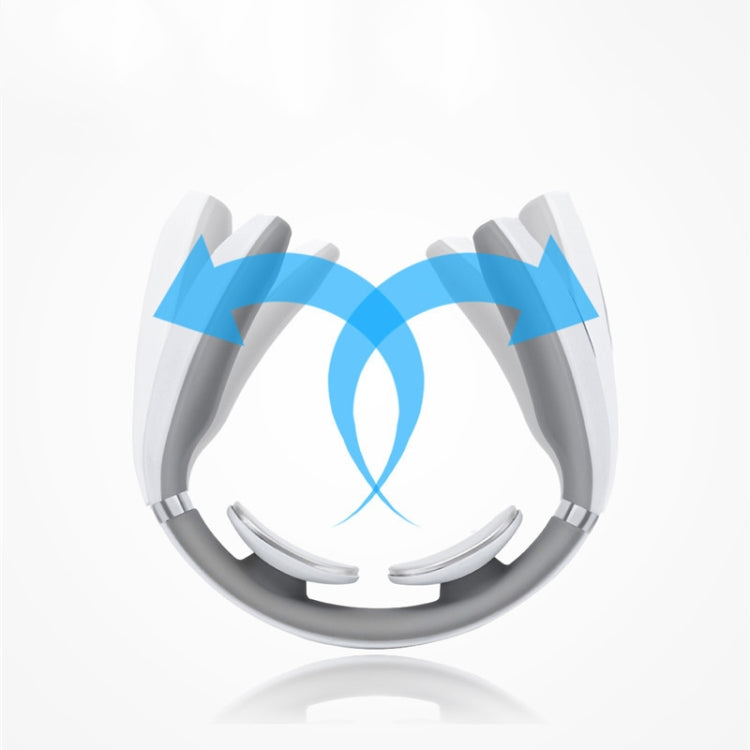 Gray neck massager collar with inner massage nodes shown by blue motion graphic.