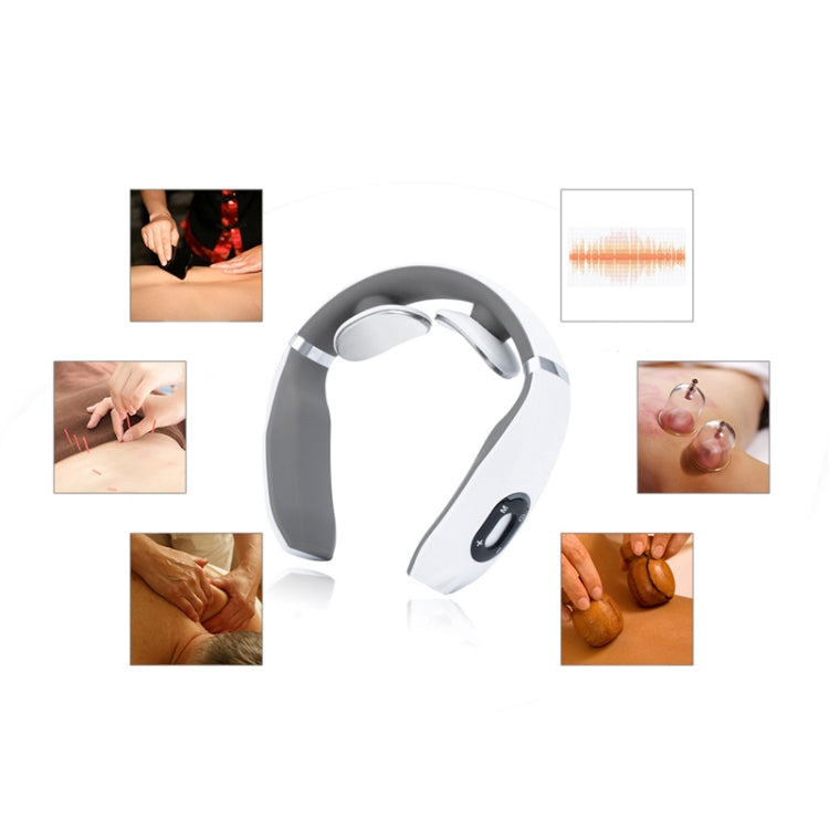Neck massager collar on white background with inset use scenes and diagram icons.