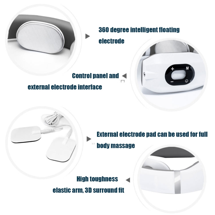 White neck massager collar showing control panel and external electrode pad details.