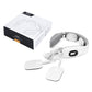 White neck massager collar kit with control unit, electrode pads, and charging cable.