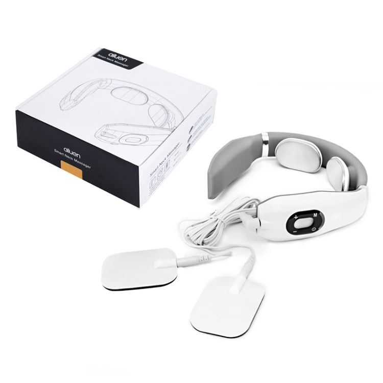 White neck massager collar kit with control unit, electrode pads, and charging cable.