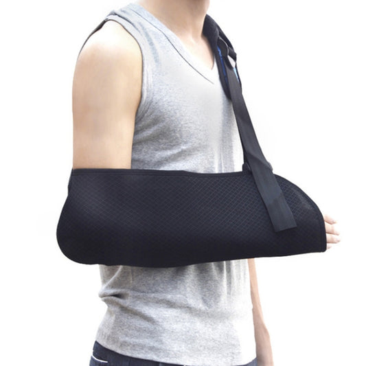Black forearm support sling with wide chest band and adjustable shoulder strap
