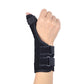 Black wrist brace with thumb support and two adjustable straps, worn on closed hand