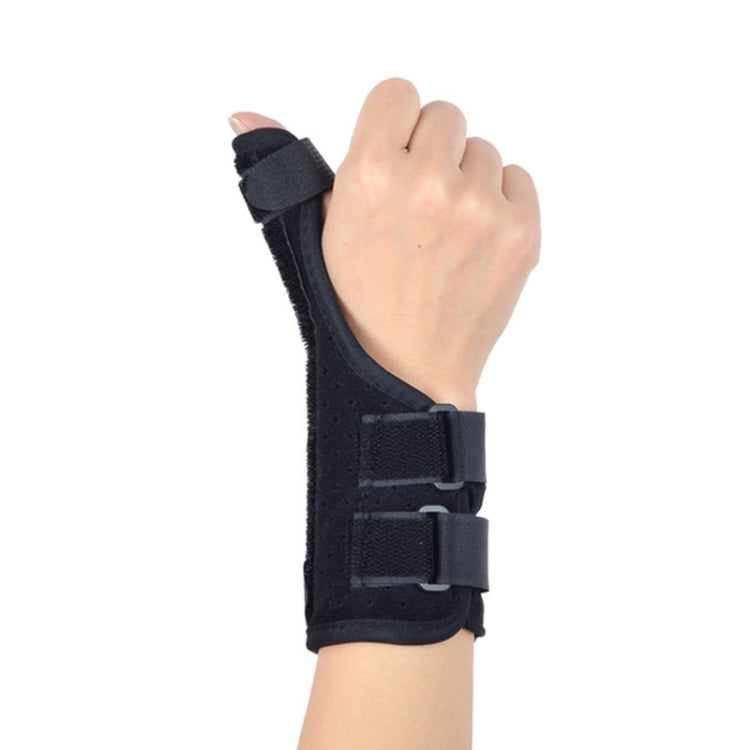 Black wrist brace with thumb support and two adjustable straps, worn on closed hand