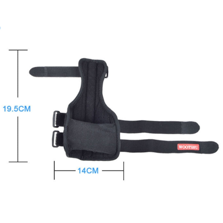 Black wrist brace with thumb support straps, diagram with 14cm and 19.5cm guides