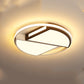Warm light ceiling lamp with round ring and geometric inner bars in wood and black