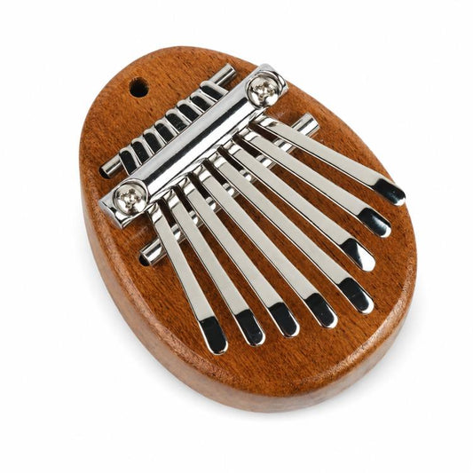 Brown wooden 8-note kalimba with silver metal keys and round sound hole
