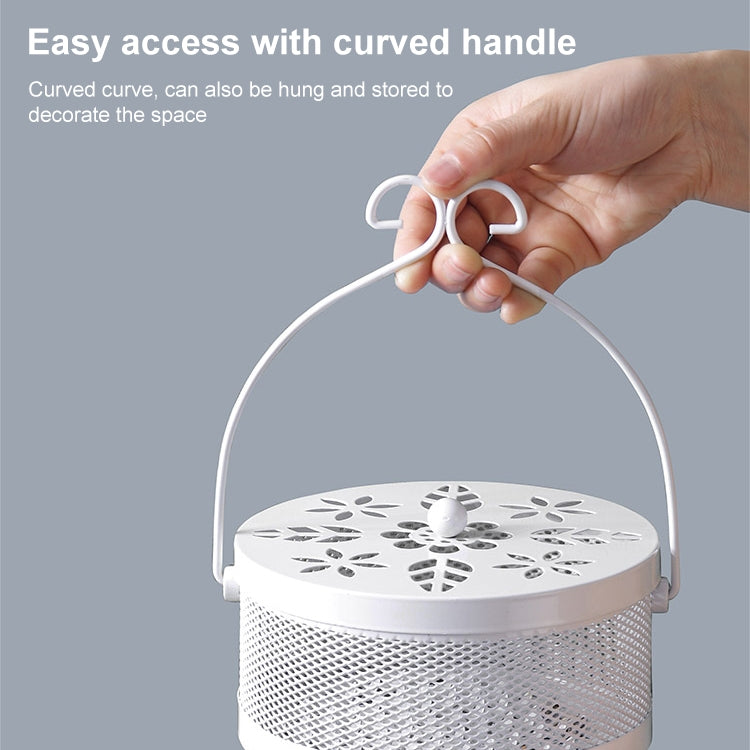 White mosquito coil box with curved handle and perforated floral vented lid