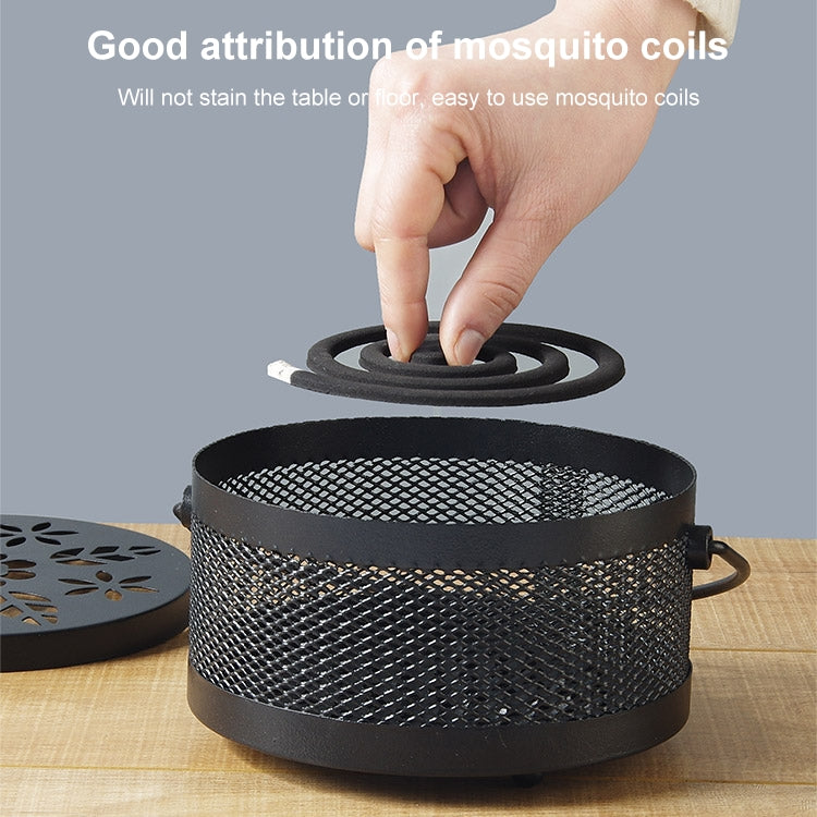 Black mosquito coil burner box with mesh sides and open top for inserting coil