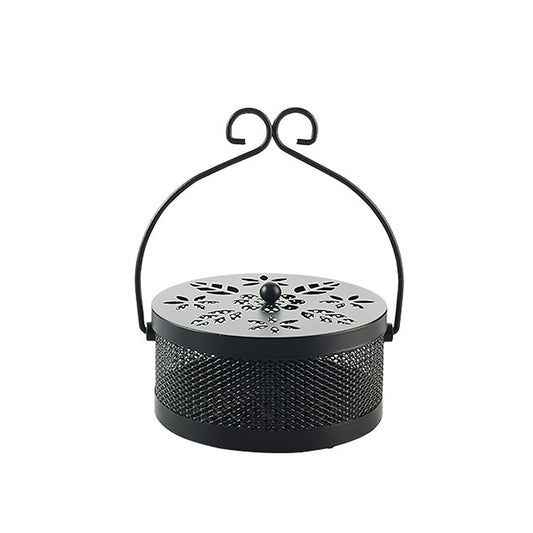Black portable mosquito coil box with vented metal lid and curved carrying handle