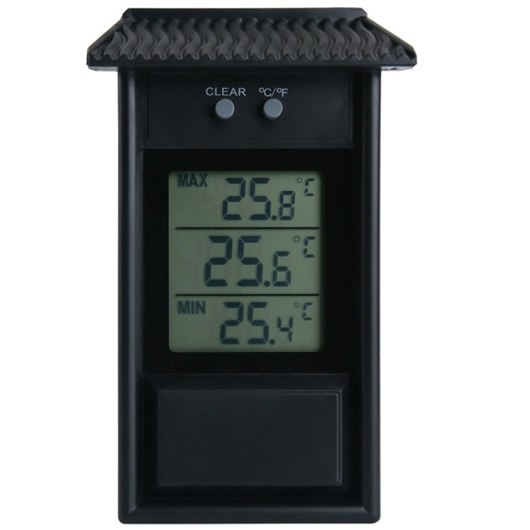Outdoor garden refrigerator waterproof thermometer, black front view with °C/°F buttons