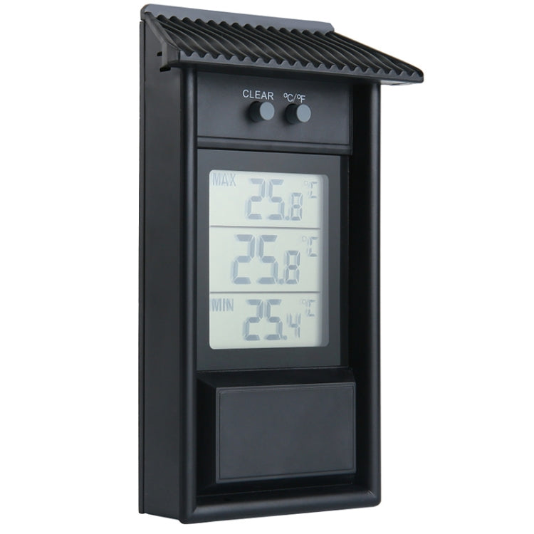 Outdoor garden refrigerator waterproof thermometer, dark housing with blue backlit LCD