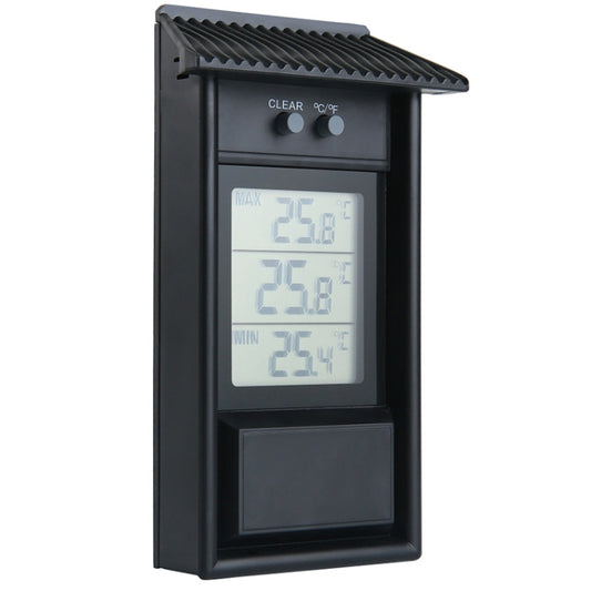 Outdoor garden refrigerator waterproof thermometer, dark housing with blue backlit LCD