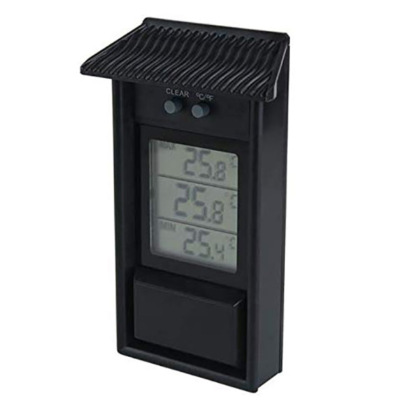Outdoor garden refrigerator waterproof thermometer, black front with LCD showing readings