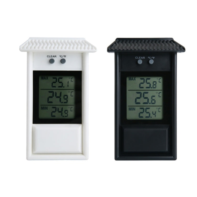 Outdoor garden refrigerator waterproof thermometer, white and black front views side by side