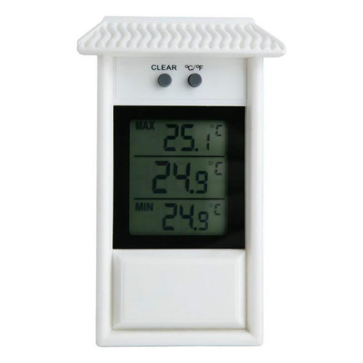 Outdoor garden refrigerator waterproof thermometer, white front with blue LCD and MAX/MIN