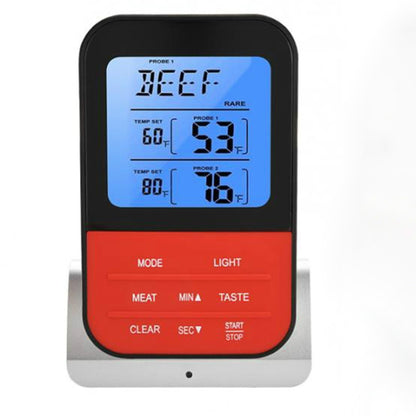 Dual-probe digital food thermometer with blue LCD display and red control buttons