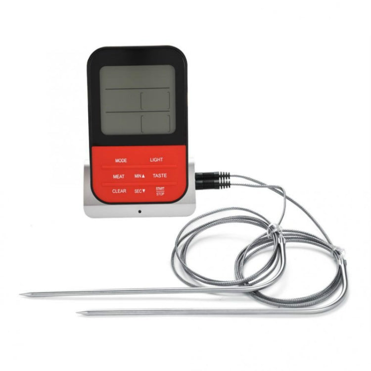 Digital food thermometer with dual metal probe wires, shown detached from base