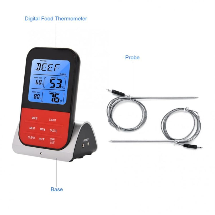 Digital food thermometer with dual probes and base, labeled control panel