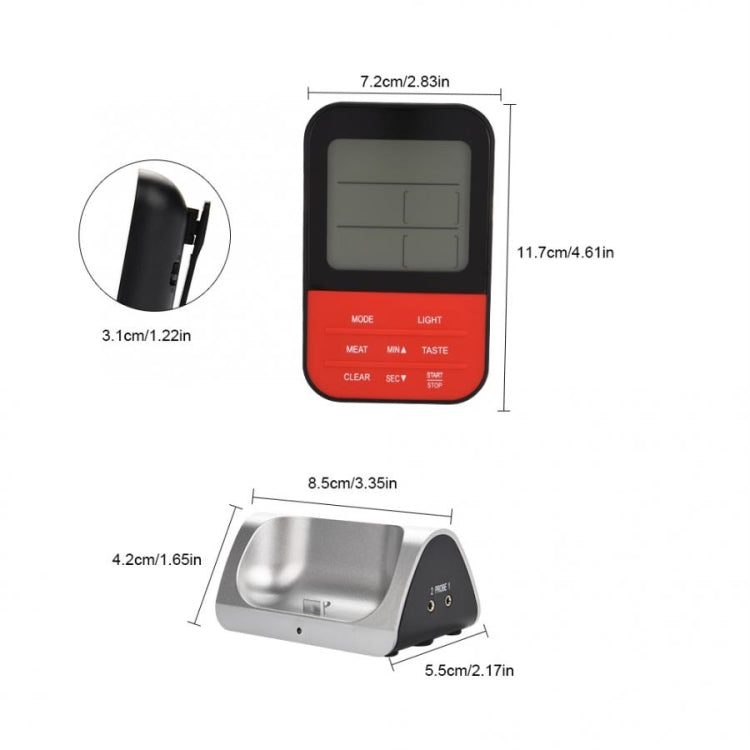 Compact dual-probe food thermometer dimensions diagram with red and black body