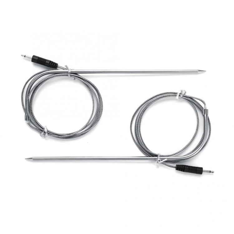 Two stainless steel probe probes with braided cables and black connectors