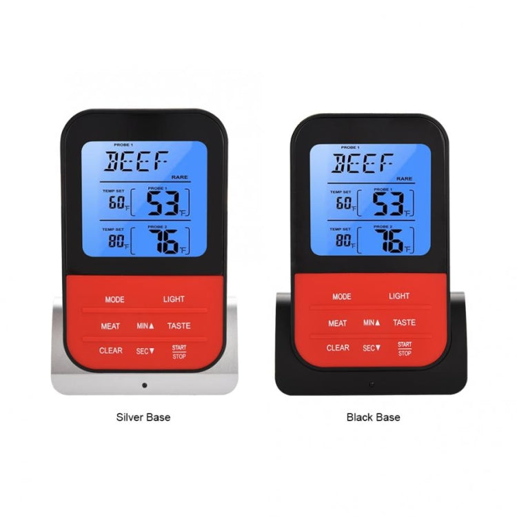 Digital food thermometer on silver and black bases, blue LCD temperature display