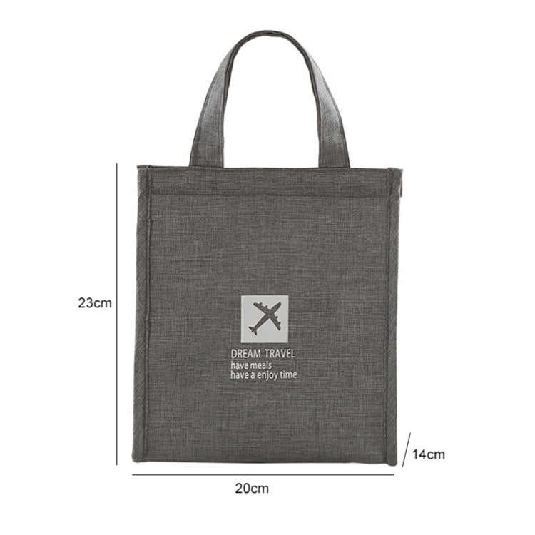 Grey insulated lunch bag tote, 20 x 23 x 14 cm, front logo patch.